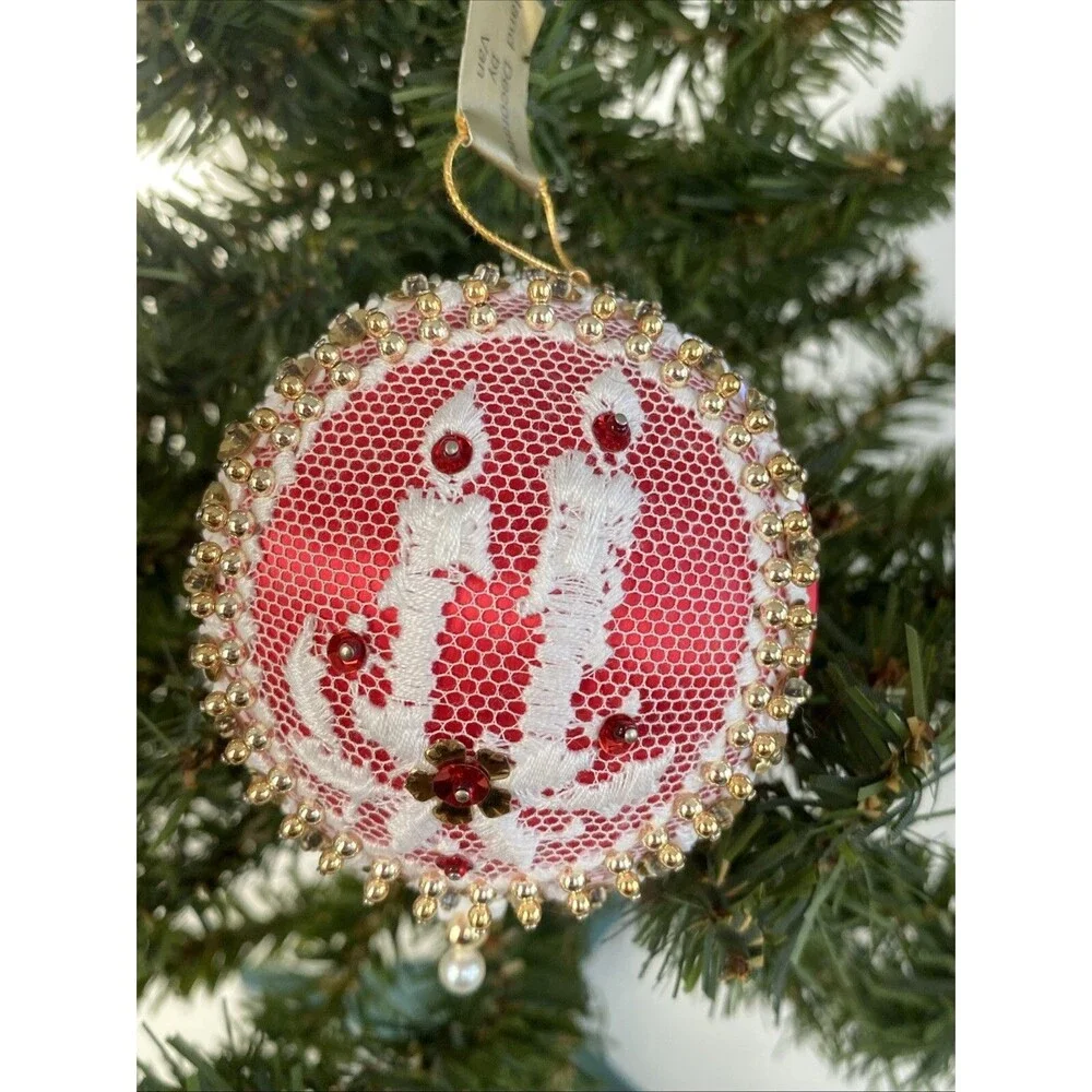 Red Satin Handmade Push Pin Christmas Ornament Lace Candle Scene Made by Van